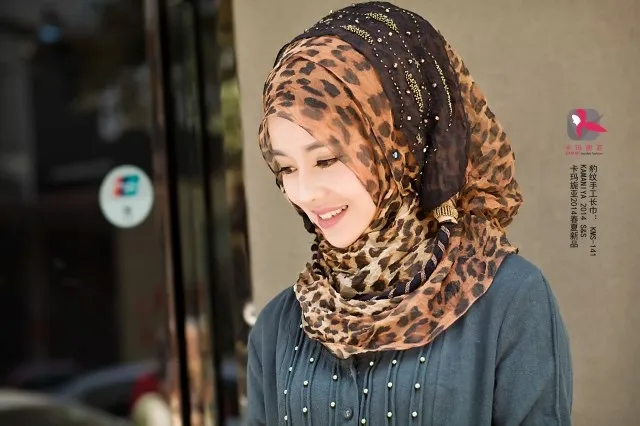 Головной убор женский шифоновый с леопардовым принтом и бусинами|islamic hijab caps|hijab