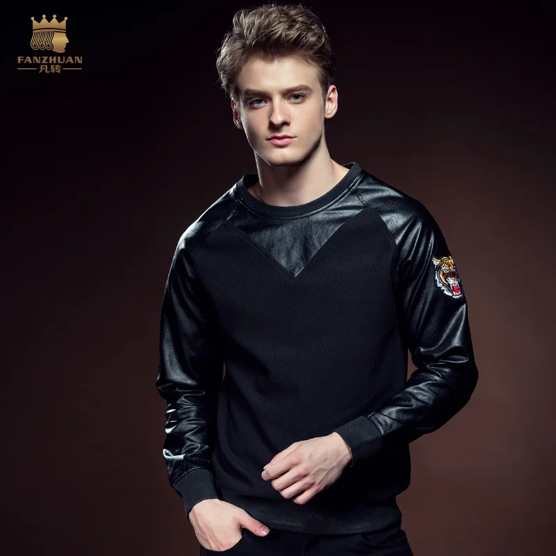 Free Shipping New royal Male Winter fashion new men's slim neck long sleeved T-shirt stitching personalized 5128T-shirt 615128 | Мужская