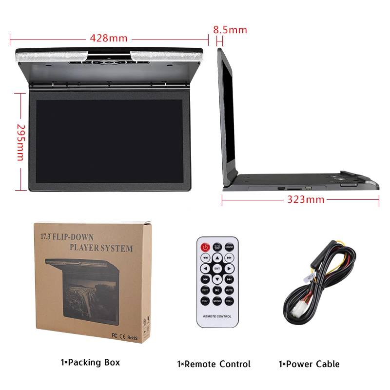 Автомобильный потолочный экран 17,3 дюйма FHD 1920x1080 с откидывающейся крышкой MP5-плеер с функциями HDMI/USB/SD/IR/FM-передатчика, динамиком и телевизором.