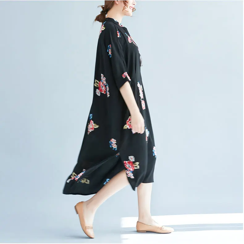 Женское шифоновое винтажное платье с принтом и воротником-стойкой на пуговицах