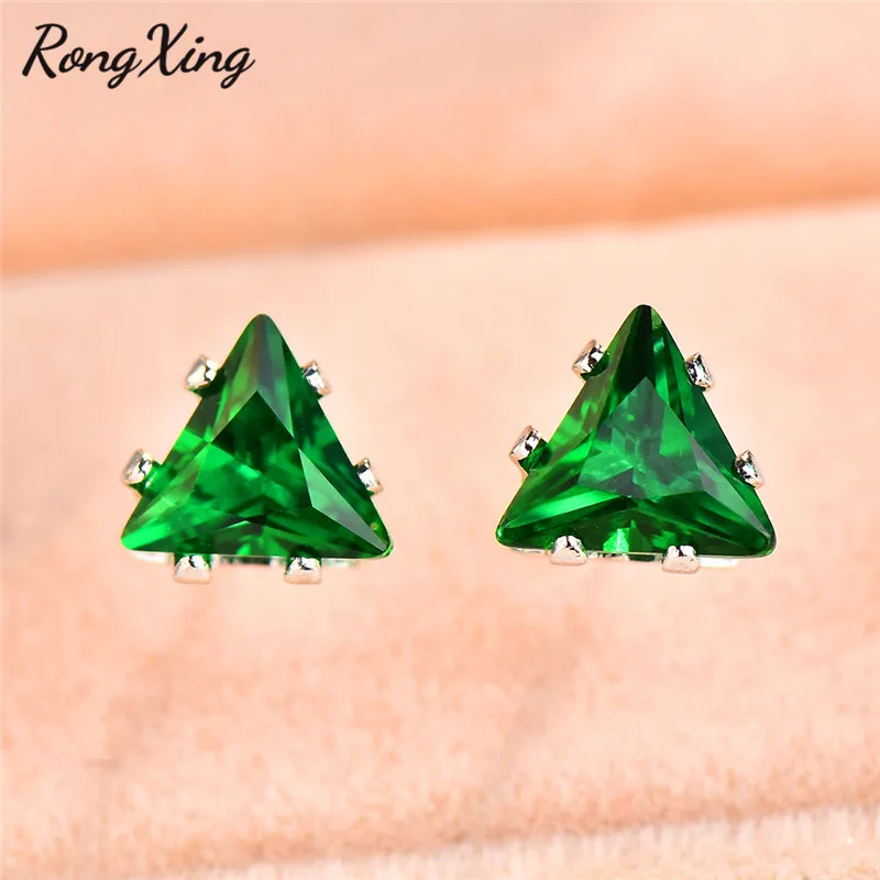 RongXing, маленькие треугольные серьги-гвоздики с синим/зеленым/красным/белым цирконием для женщин, очаровательные 925 пробы Серьги с камнем, заполненным серебром - Окраска металла: Green