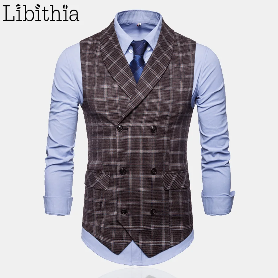 

Mens Casual Plaid Sleeveless Formal Waistcoats Dress Suit Vest Big Size M-4XL Double-breasted Luxury All-season Grey Coffee T261