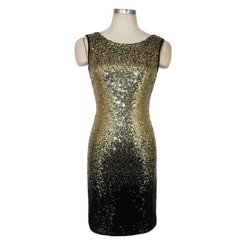 Сексуальное летнее Золотое платье с блестками без рукавов открытой спиной