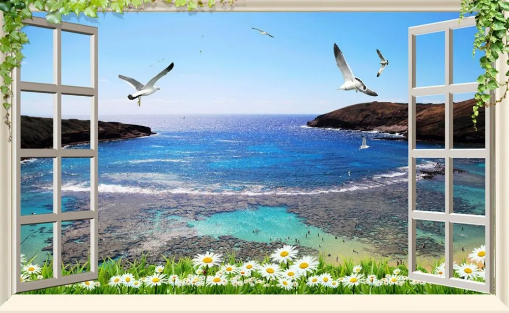 Пользовательские 3d обои окно цветы море фон декоративная живопись ванная