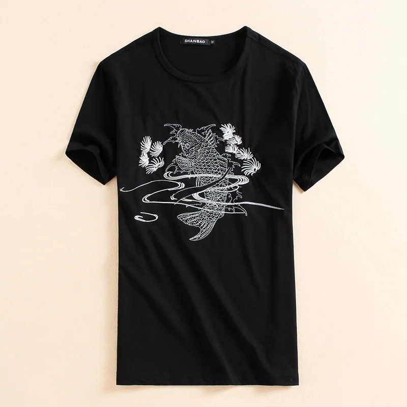 SHANBAO брендовая одежда мужские футболки китайский стиль Мужская Вышивка рыбка