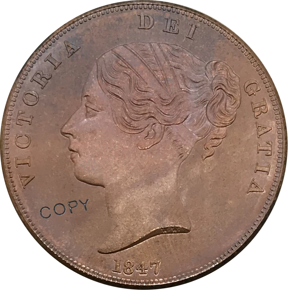 

1847 United Kingdom 1 One Penny Victoria 1st portrait Red Copper collectibles Copy Coin