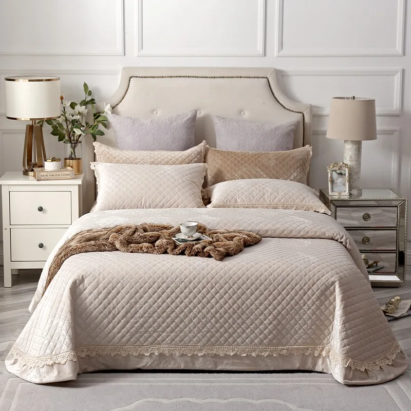 Famvotar 3 шт ромбовидный узор бархатное покрывало предварительно вымытое по размеру d алмазное стеганое покрывало набор Роскошный Королевский размер-бежевый