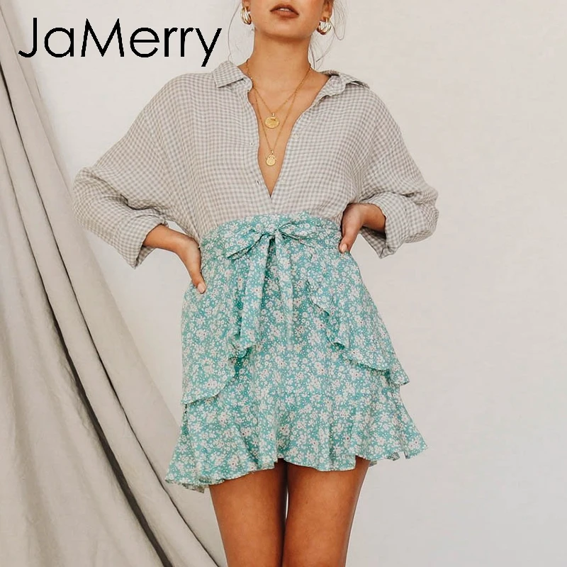 JaMerry Винтаж boho летние женские рубашки с цветочным принтом мини юбка сладкий