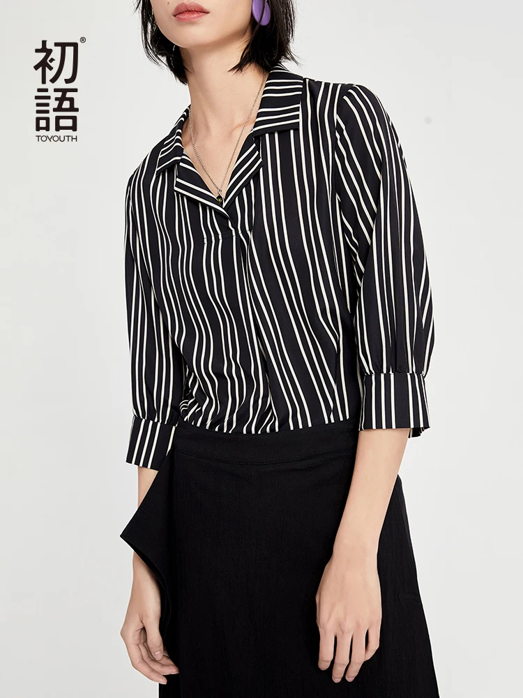 Toyouth полосатая блуза mujer de moda с v-образным вырезом и рукавом три четверти, рабочая одежда, шифоновая блузка, кружевные блузки femininas