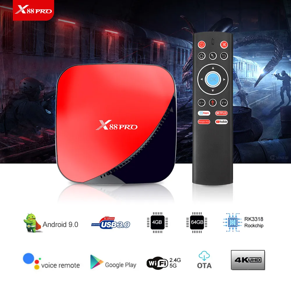 X88 pro Android 9,0 Smart ТВ коробка, 4 ГБ, 64 ГБ, с двумя камерами, процессор Rockchip RK3318 восемь ядер 5G Wi-Fi 4 K HD Декодер каналов кабельного телевидения медиа-проигрыватель google YouTube