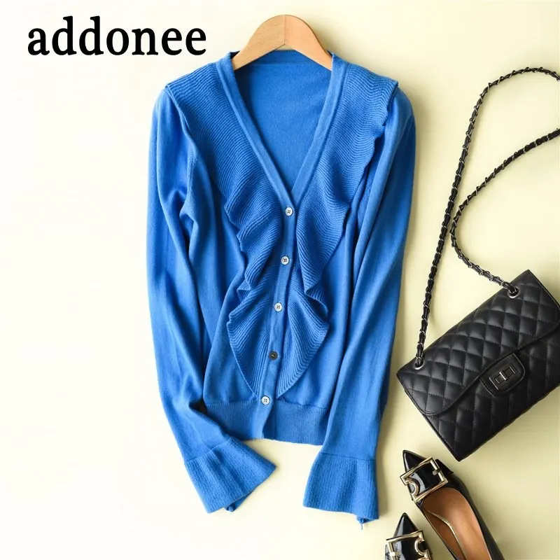 New Design Autumn Winter Women Cashmere Cardigan Wild Solid Color Coat wool casual Ruffles Sweater |