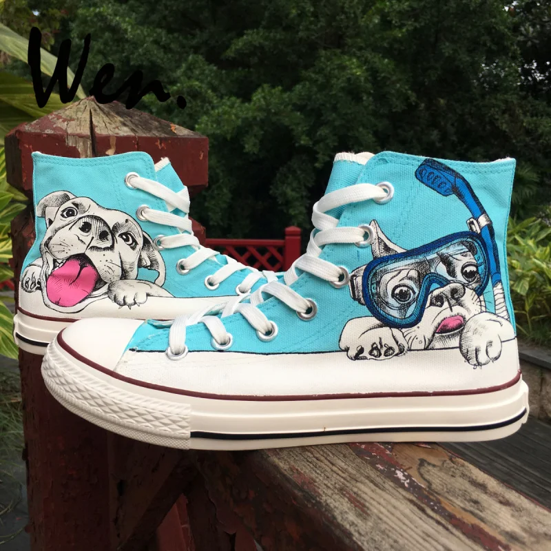

Wen High Top Hand Painted Shoes Cute Pug Dog with Diving Goggle Swimming Pool Played Design Custom Adult Unisex Canvas Sneakers