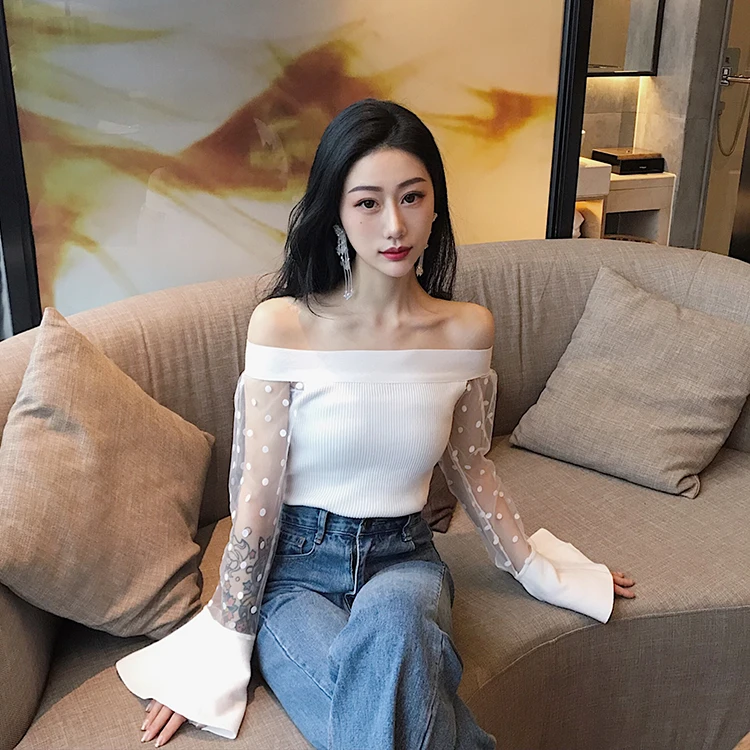 WHITNEY WANG 2019 Весна Осень Мода Уличная Сексуальная Слэш шеи точка сетки лоскутное Flare