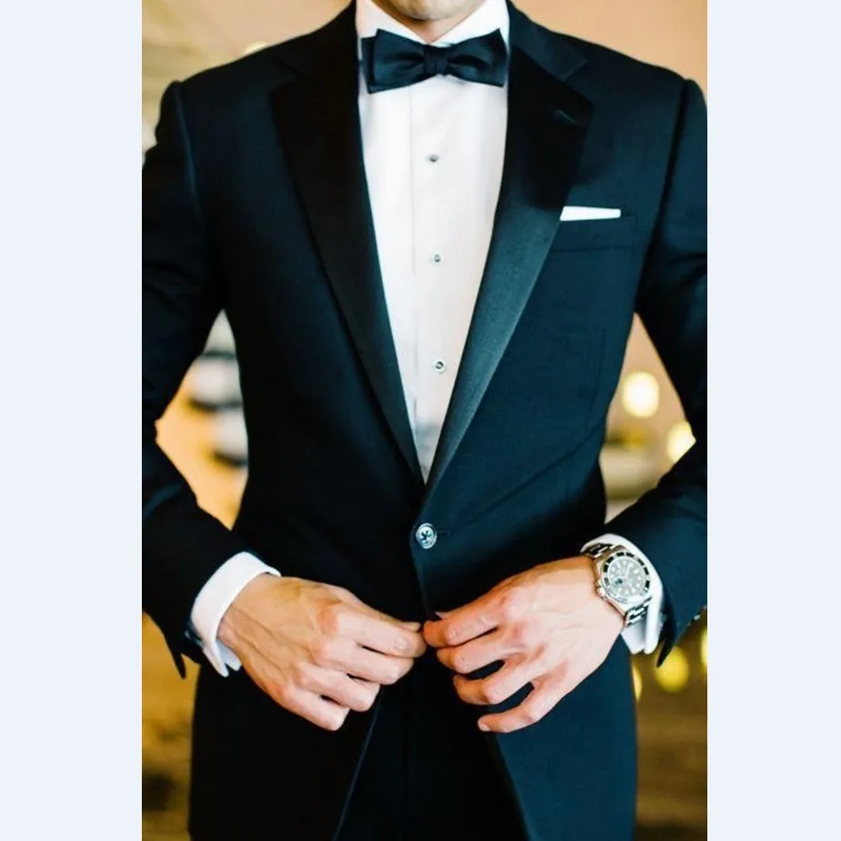 Заказ Groomsmen Нотч Атласная Нагрудные Жених Смокинги Темно-Синий Мужские Костюмы
