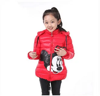 Красный Модные пуховики для мальчиков и девочек; детская одежда; теплая верхняя одежда с капюшоном и рисунком Микки и Минни для девочек; топы; зимнее детское хлопковое пальто - Цвет: Красный