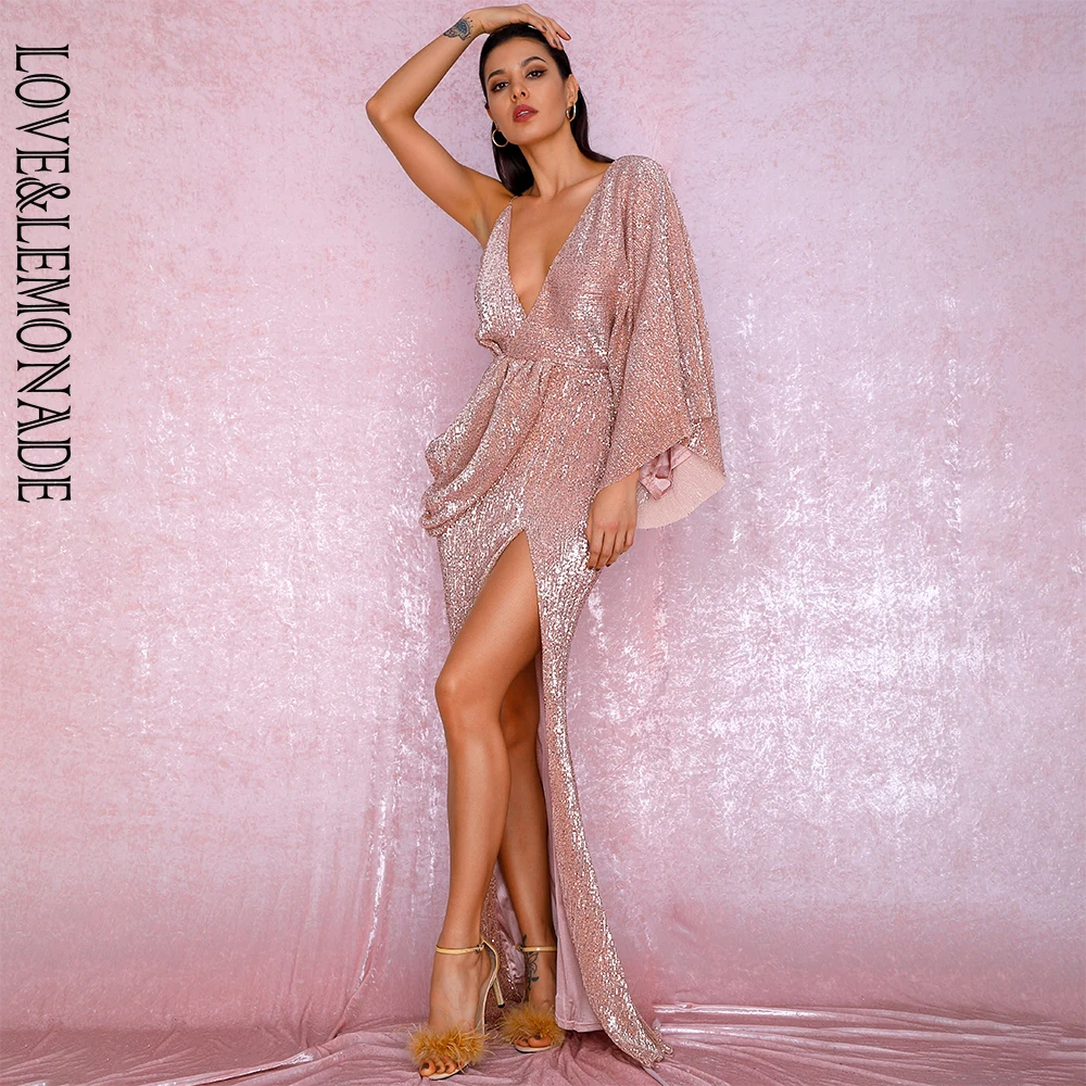 Женское платье макси LOVE & LEMONADE розовое золото с v образным вырезом одним рукавом
