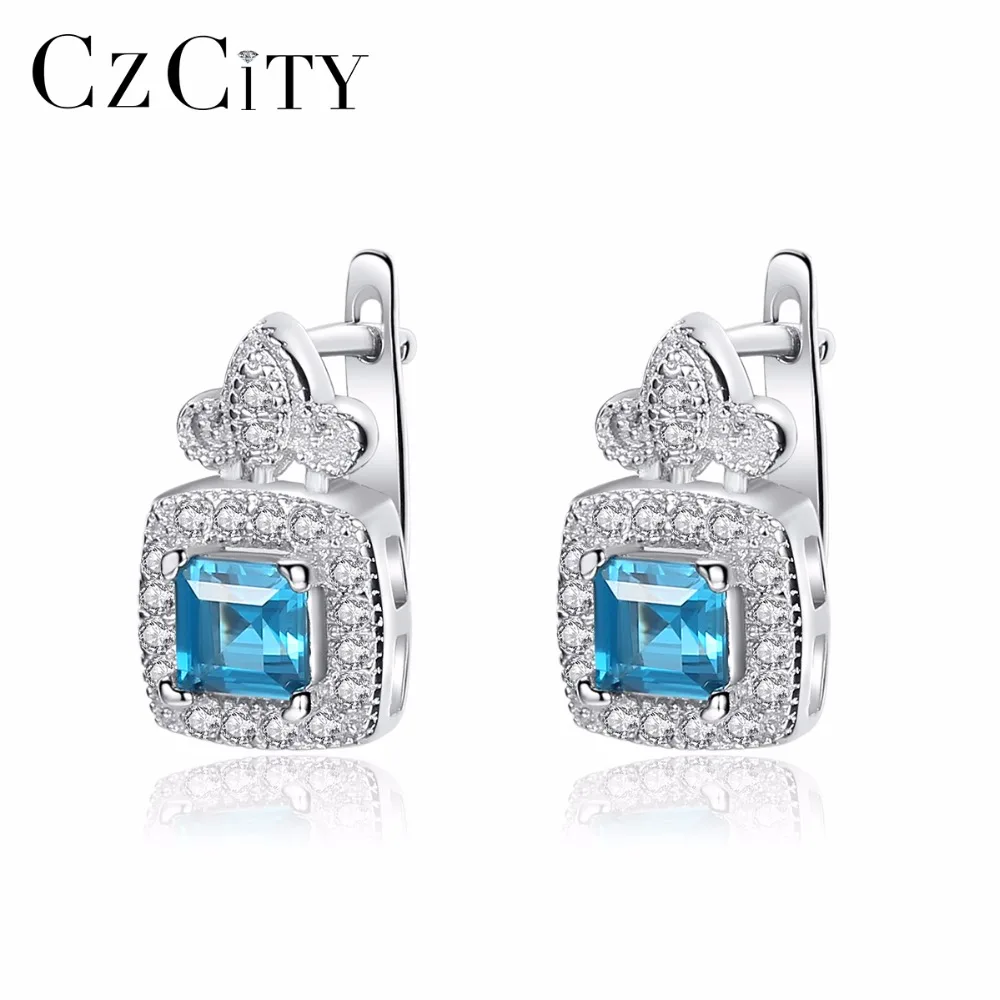 CZCITY синий Topza серьги для Для женщин 925 пробы серебро крошечные CZ вымощенное клипсы