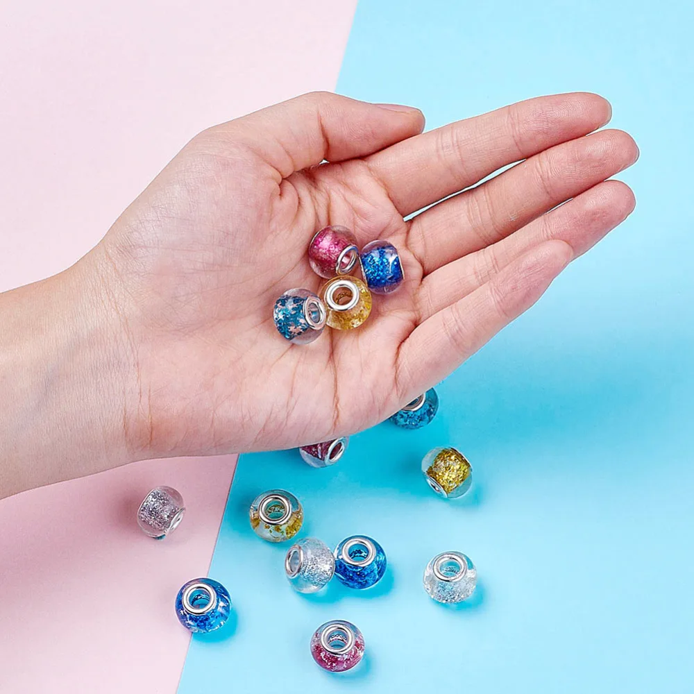 

Handmade Beads For Jewelry Making DIY Lampwork European Large Hole Glitter Powder inside Tone Brass Cores Rondelle Mixed Color