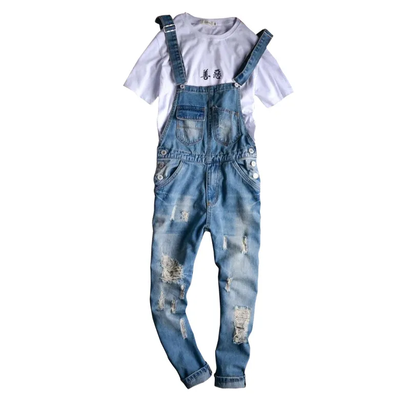 Новинка 2017 мужские летние джинсовые комбинезоны с карманами рваные джинсы для
