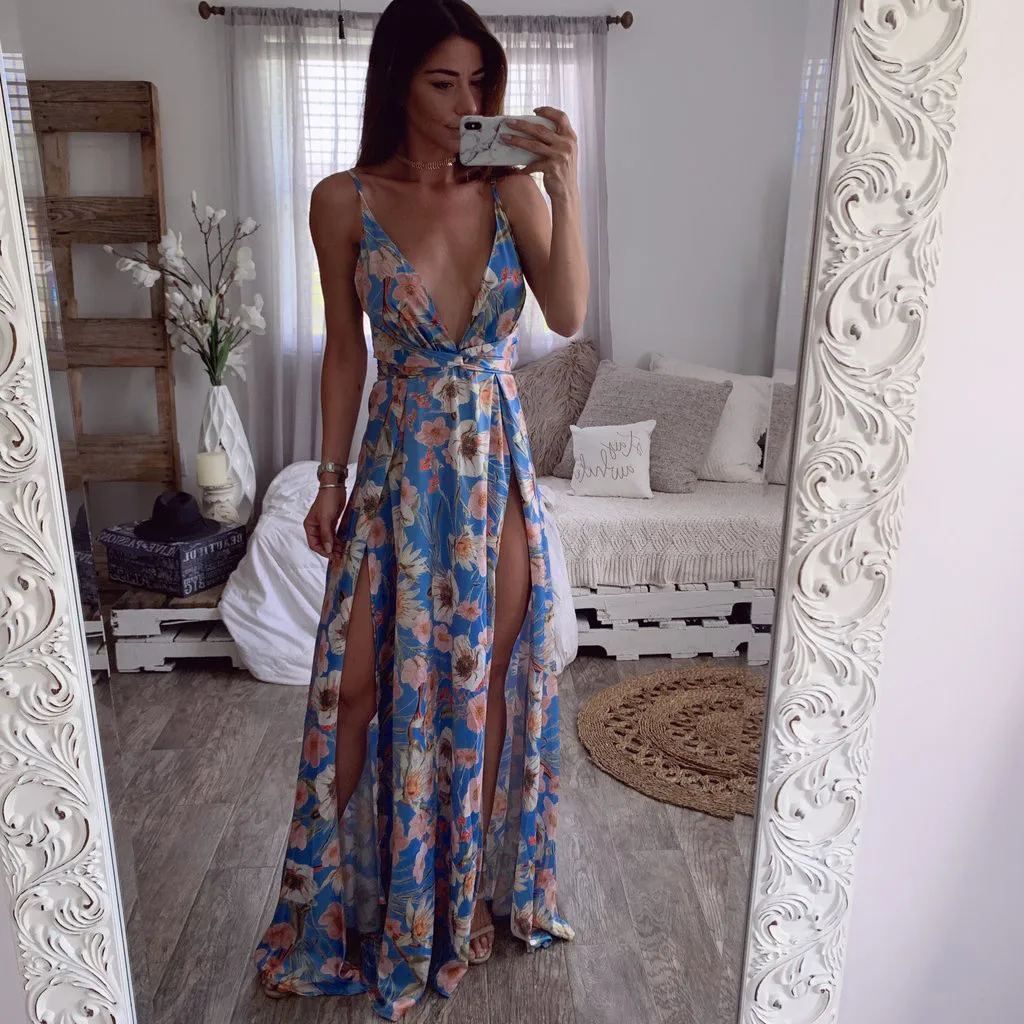 Плюс Размеры шифоновое сексуальное платье Для женщин Летнее Boho ремешками пикантные сексуальное нижнее белье с глубоким v-образным вырезом длинное вечерние Пляжные наряды Z4