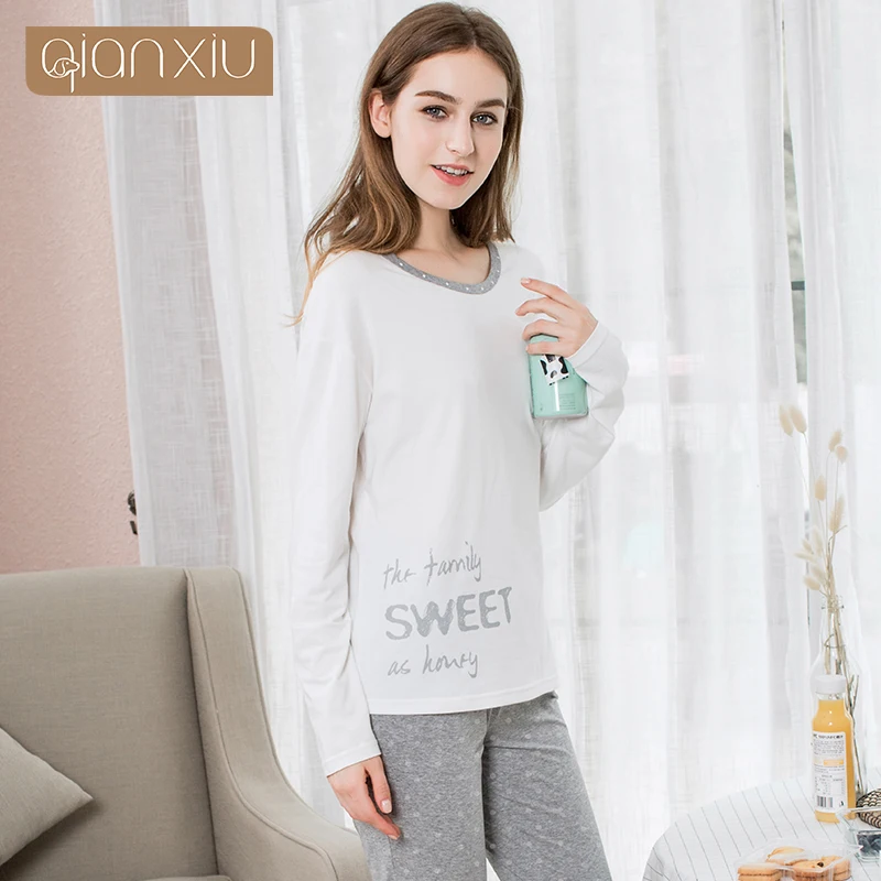 Qianxiu/Новинка 2017 г. пижамы с буквенным принтом Осенняя теплая хлопковая цветная