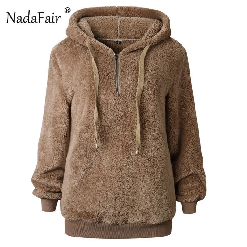 Nadafair, искусственный Пушистый Плюшевый худи с капюшоном, Женская Осенняя Толстовка с длинным рукавом на молнии, мохнатый шнурок, зимние свитшоты для женщин