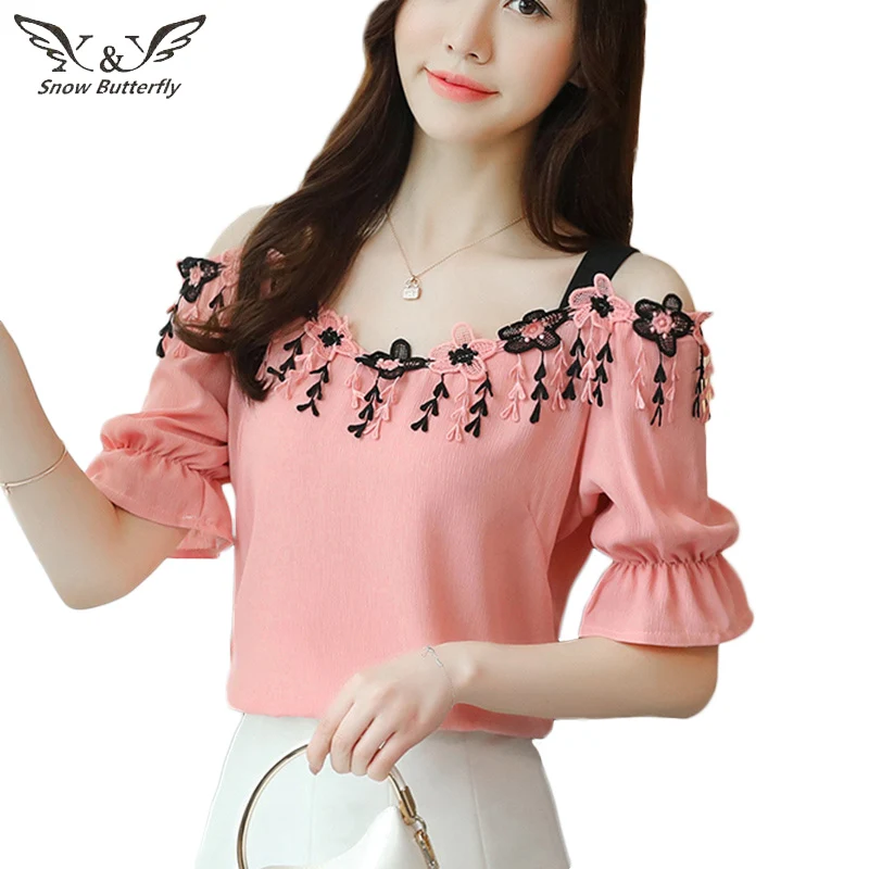 2019 шифоновая кружевная блузка рубашка женские блузки модные с открытыми плечами