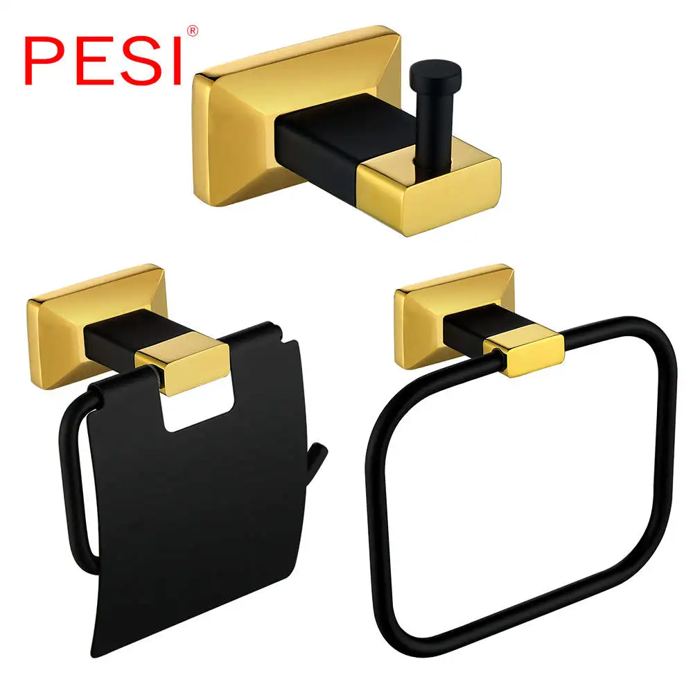 3 pcs Set Роскошные аксессуары для ванной комнаты, набор аксессуаров для ванной, крючок для халата, вешалка для полотенец, кольцо, барная полка, держатель для бумаги, черный и золотой - Цвет: 3 pcs Set