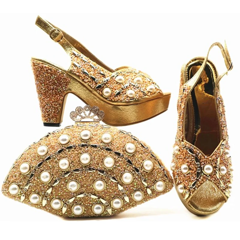 New Arrival Italian Shoes with Matching Bags for Women Nigerian Wedding and Bag Set Decorated Rhinestone | Обувь