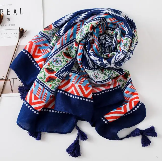 

Elegant Fresh Bright Blue Wave Pattern Print Pendant Scarf Scarf Lady's Tour Styling Shawl