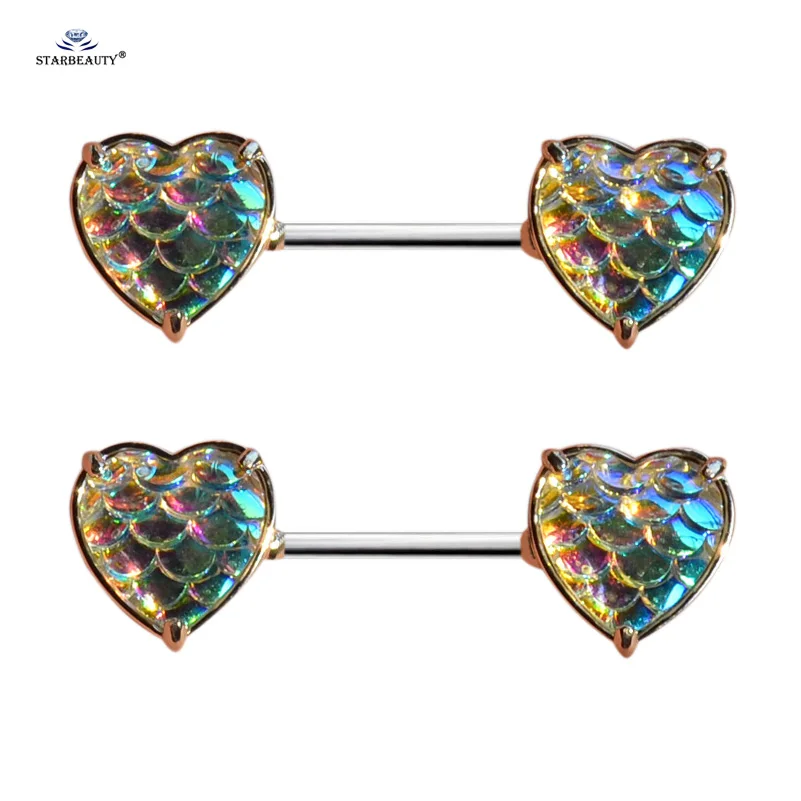 Starbeauty 2 шт. 14 г очаровательные кольца для сосков в виде рыбьей чешуи серьги-спирали с драгоценным камнем пирсинг для сосков в сердце из нержавеющей стали ювелирные изделия для тела