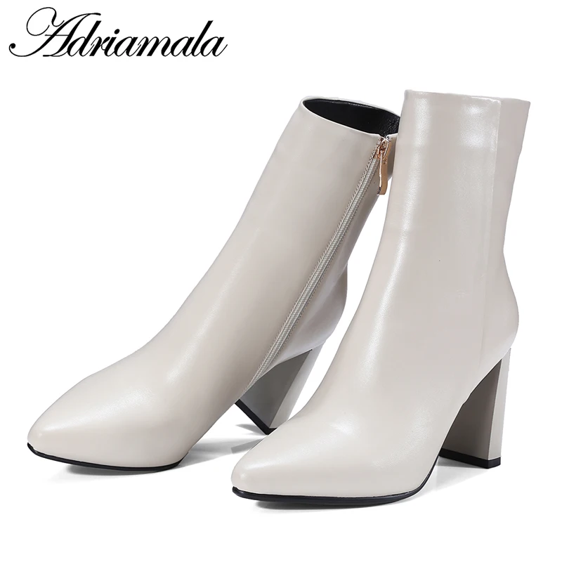 2018 Genuine Leather Ladies High Heel Boots Mid-calf Zip Pointed Toe Round Heels Cow For Women Adriamala | Обувь