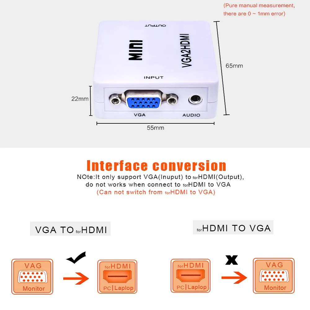 TISHRIC Mini Full hd 1080P VGA папа HDMI Женский адаптер VGA2HDMI конвертер коробка с аудио кабелем