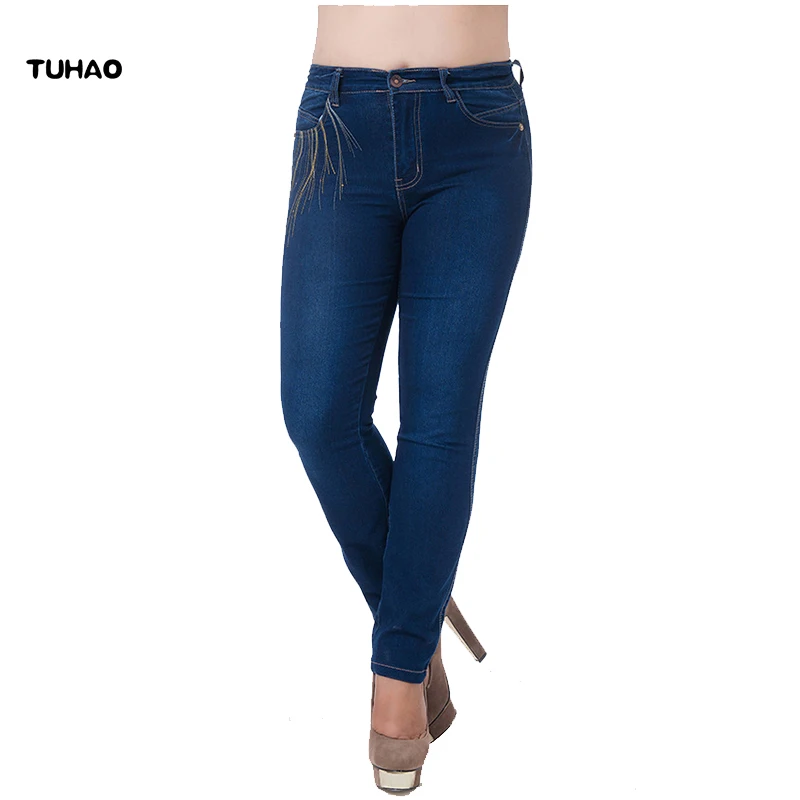 Фото Женские офисные джинсы TUHAO элегантные джинсовые брюки с вышивкой большие размеры
