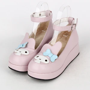 Весенняя женская обувь для косплея в стиле Лолиты с кроликом; Женская обувь на танкетке из искусственной кожи на плоской подошве; Обувь принцессы на платформе