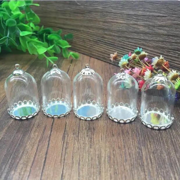 

100sets/lot 30*20mm tube glass globe silver color lace base cap set charm glass vials pendant glass bottle necklace accessories