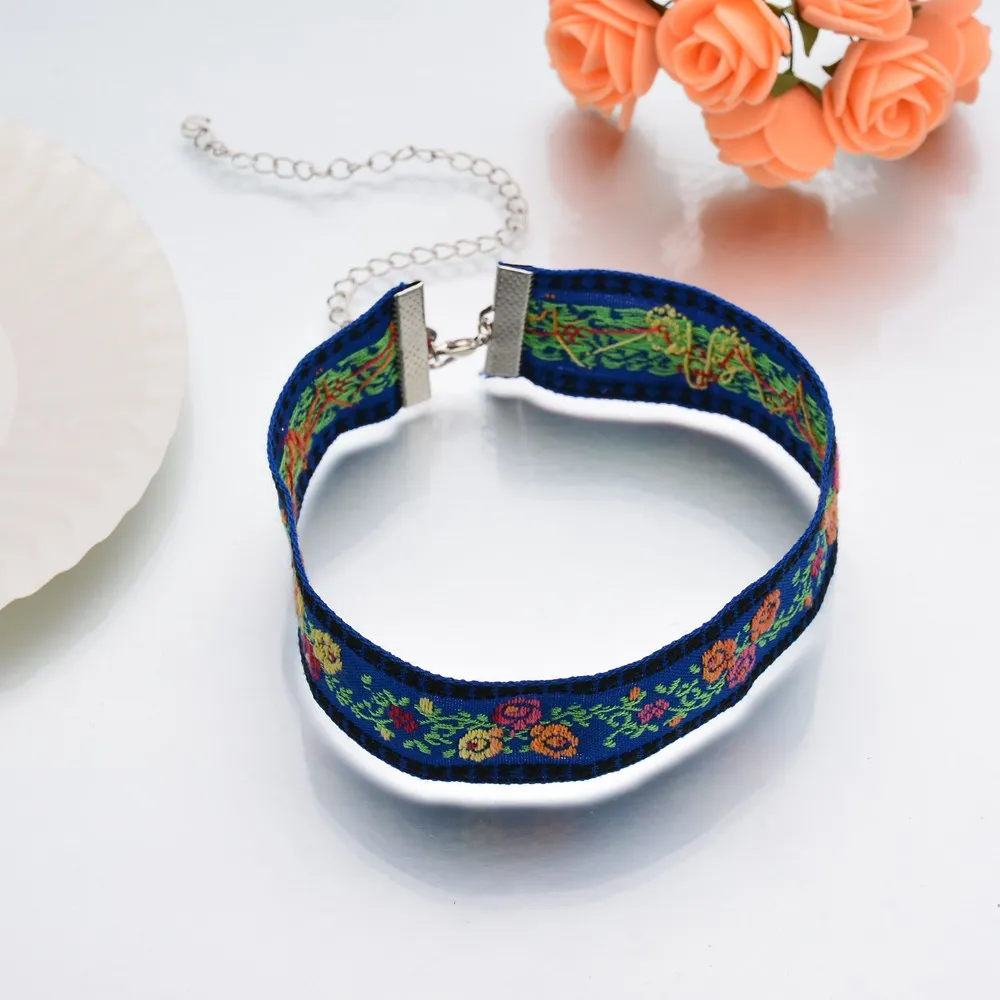 Разноцветное цветочное дизайнерское винтажное синее Вышитое колье чокер Колье