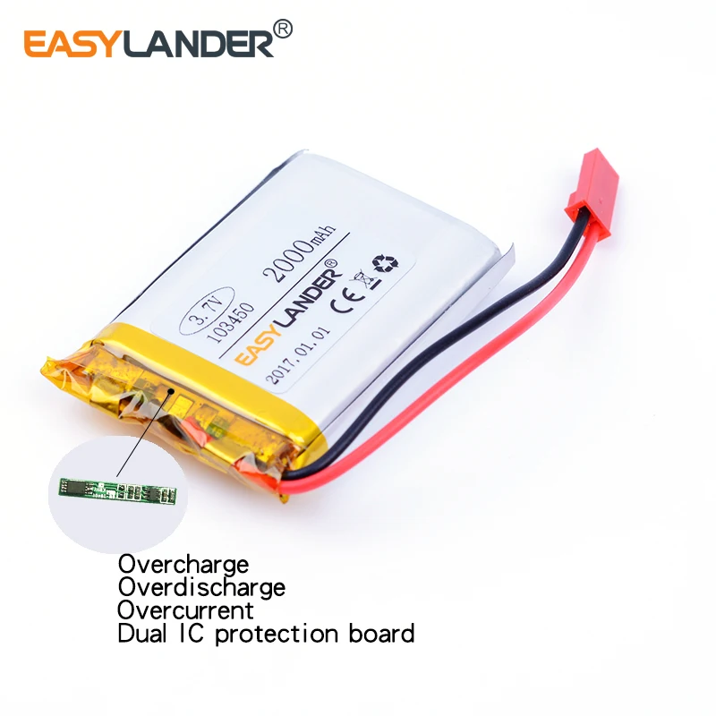 103450 3.7V 2000mAh Rechargeable Li-Polymer Li-ion Battery For mp3 mp4 mp5 toys DVR GPS PDA Tools Speaker with JST plug 983450 |