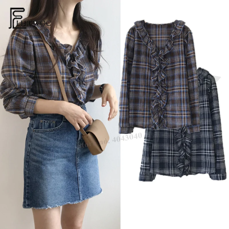 

Cute Sweet Ruffled Tops Women Japan Korean Style Temperament Lady Vintage Plaid Shirt Blouses Girls Long Sleeve V Neck Shirt 877