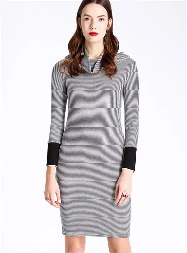 Модная женская полосатый отложным воротником прямо средней длины dress slim fit