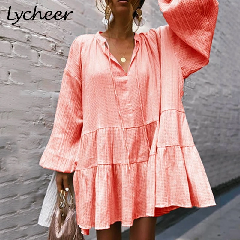 Lycheer Плюс Размер Повседневное кружевное платье с рюшами для женщин свободное