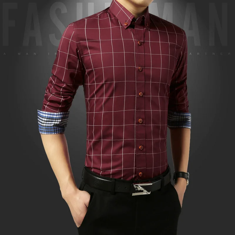 100% Хлопок Плед Camisa Slim Fit Masculina Хаки Королевский Синий плюс Размер Человек Рубашки