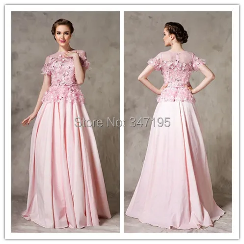 PD1633 A line pink short sleeve prom dress with straps and flowers | Свадьбы и торжества
