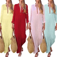 summer womens loose long sleeve linen dress casual kaftan soild long maxi dresses vestidos robe 2019