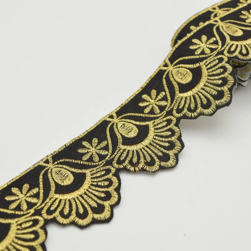5 ярдов бархатная черная ткань кружевная отделка с золотой цветочной вышивкой