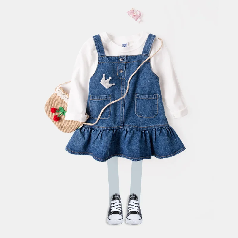 2020 Korean Spring Baby Girl Denim Dress Children Kids Girls Summer Strap Mini Child Clothing Casual with Crown | Детская одежда и