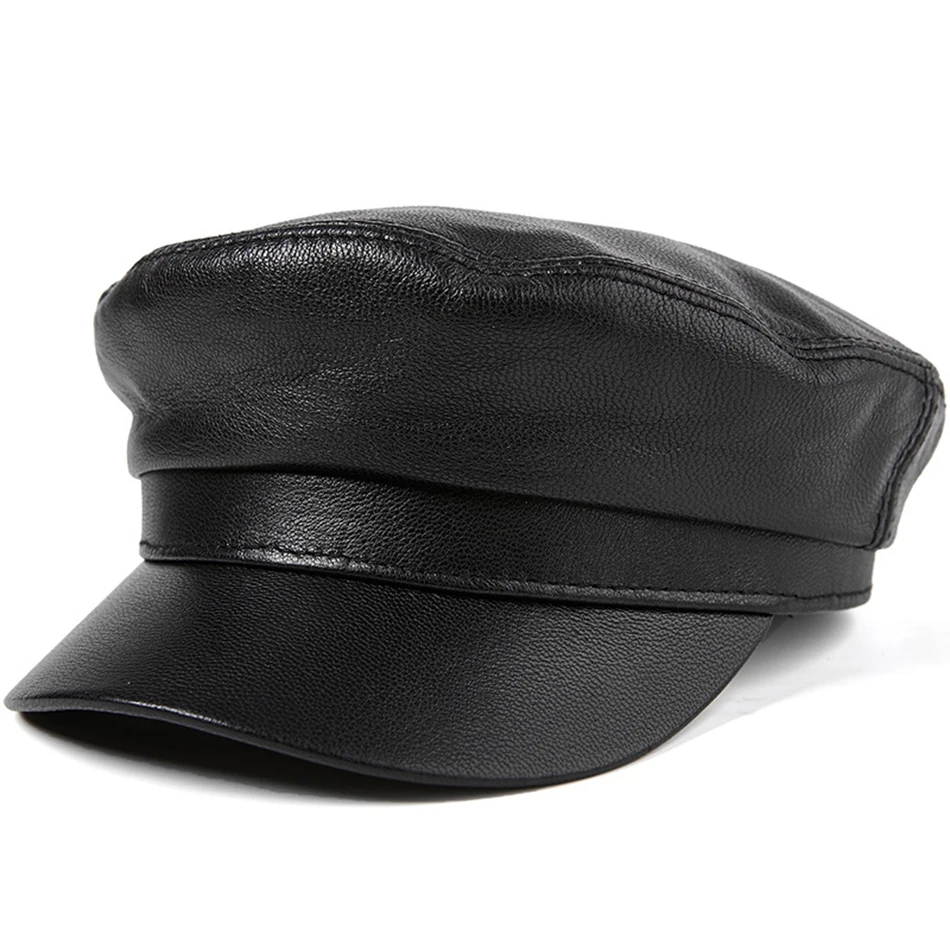 black cap LA SPEZIA темно-синяя шляпа моряка для женщин Коричневая кожа Baker кепки для мальчиков унисекс Натуральная Овчина кожа осень зима мужская Военная Кепка - Цвет: black cap