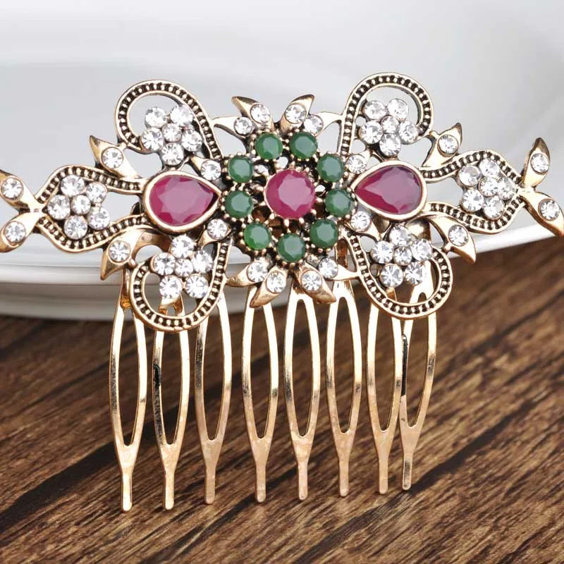 Женский гребень для волос Blucome Красный с кристаллами в турецком стиле Свадебный