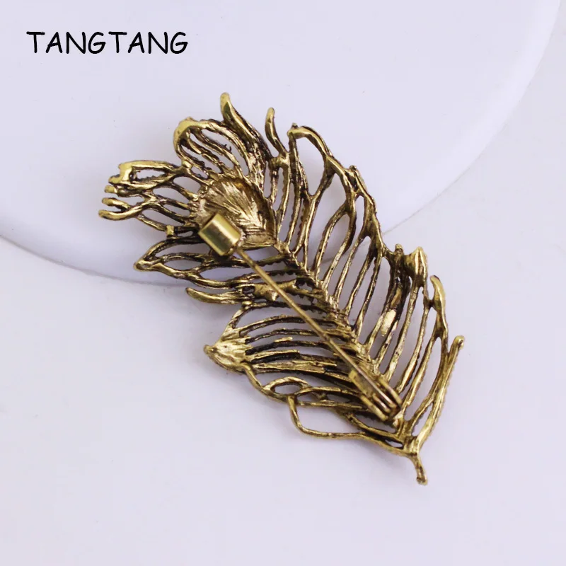 Vintage Antique Bronze Scarf Brooches Clip Jewelry For Women Feather Style Coat Dress Rhinestone Broches Mujer Decoration Gift | Украшения