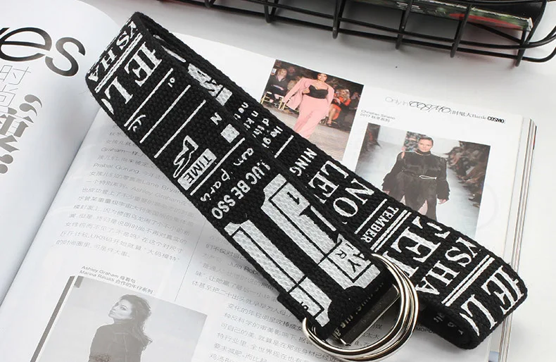 Модный пояс из парусины Harajuku с буквенным принтом для студентов, для женщин и мужчин, джинсы, Длинные ремни, двойное d-образное кольцо, пряжка, белый пояс Z30